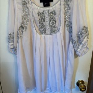 Denim 24/7 Blouse Women’s Size 16W Embellished  Boho Beaded White Chiffon